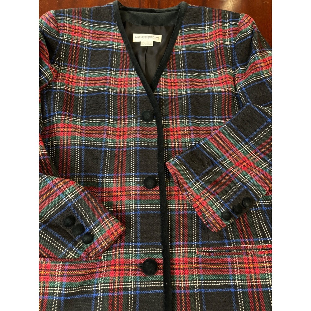 Liz Claiborne Womens Plaid Velvet Trim Blazer Jacket 12 VTG 90s Holiday Career - Picture 7 of 7